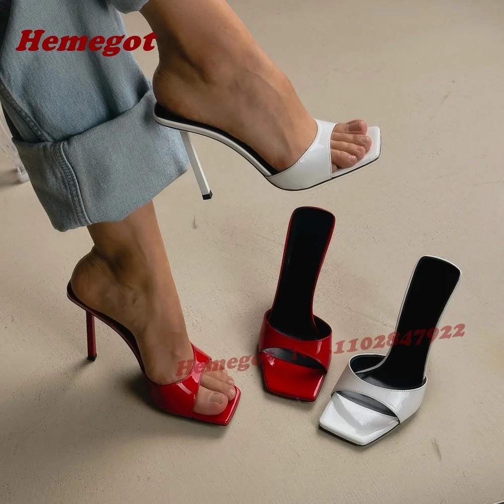 

Red Patent Square Toe Slippers Glossy Stiletto High Heels Women's Slippers Outside Splicing Slip On Casual Shoes Elegant 2026