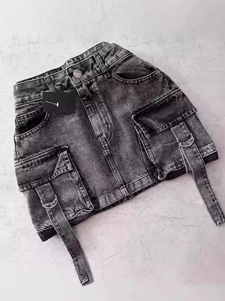 

Women Retro Patchwork Distressed Denim Utility Skirts Pockets Low Rise Lady Street Wear Casual Comfort Jeans Dress Summer New