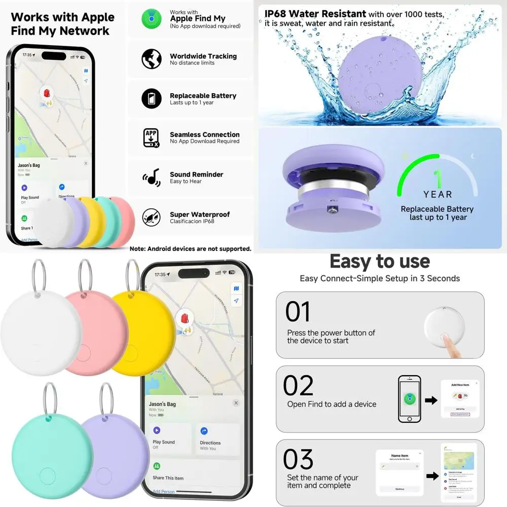 Smart Tags 5-Pack Waterproof Bluetooth Trackers for Keys, Wallet, and More with Replaceable Battery, Ideal for Gifts