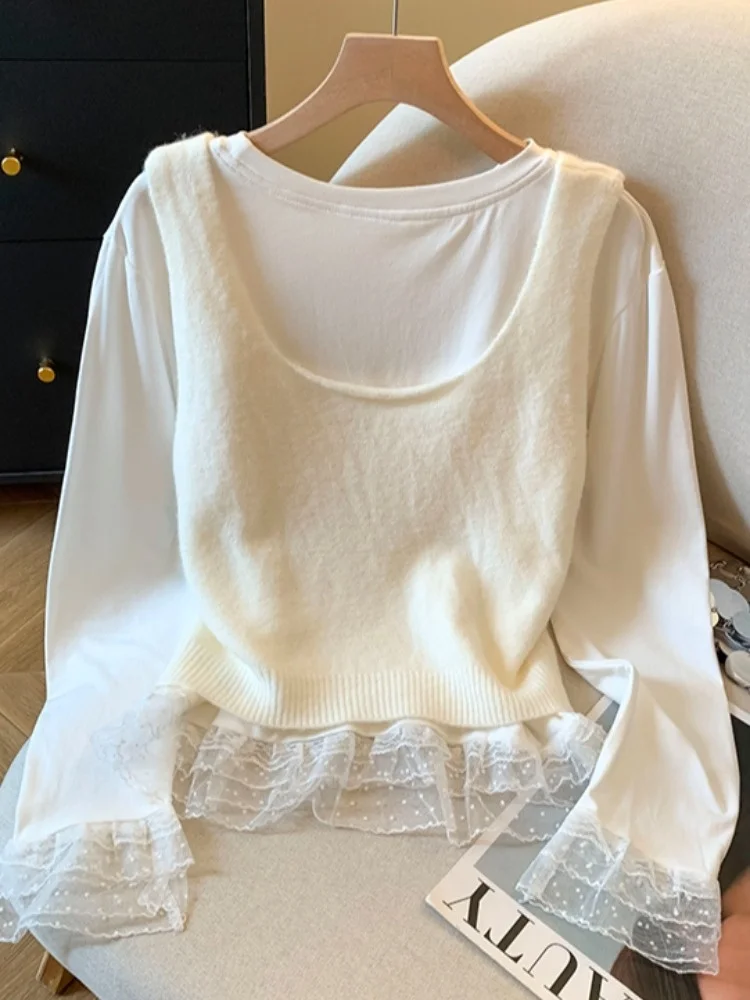 ロングスリーブレースパッチワークニットTシャツ レディース セルフキーブルヘビー装飾ツーピースセットトップ 韓国風ルーズフィット
