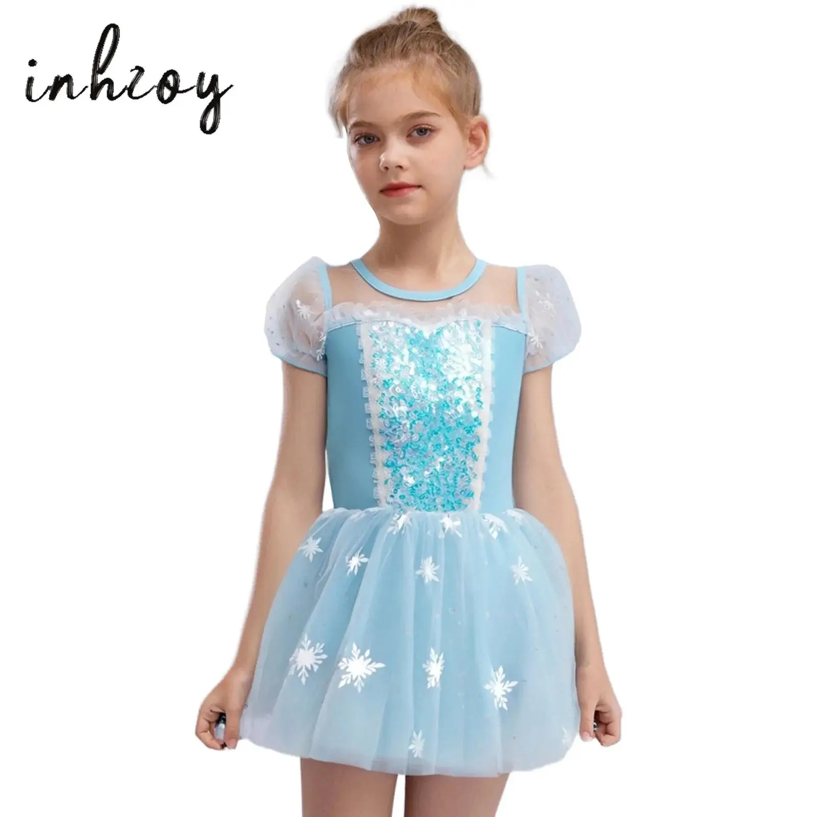 

Kids Girls Ballet Dress Short Puff Sleeves Sequins Tulle Tutu Dress Halloween Theme Party Princess Cosplay Performance Costume