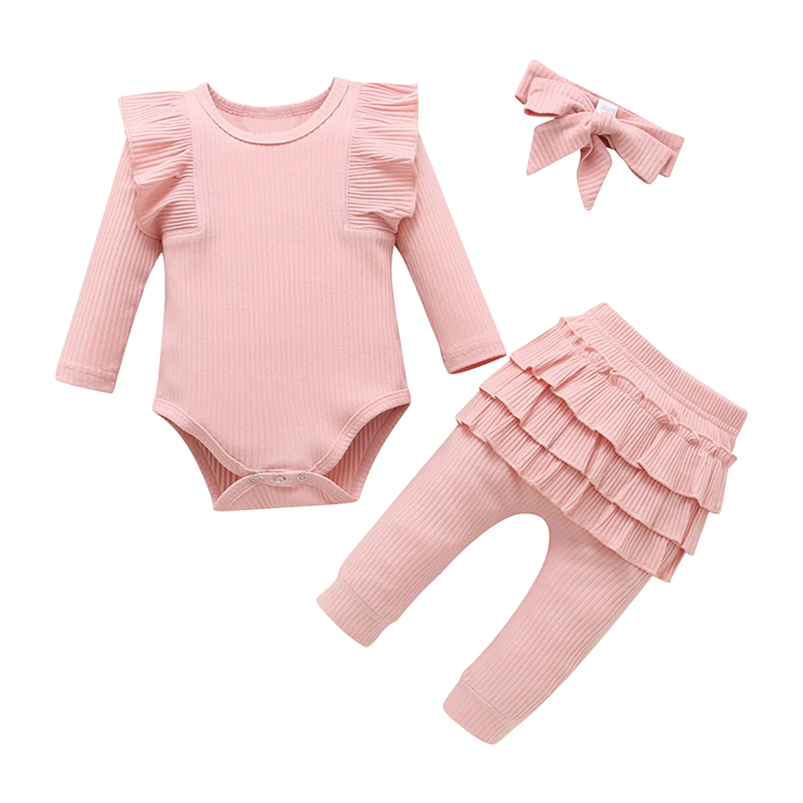 

311 Baby Clothes Baby Girls Three Piece Ribbed Ruffle Long Sleeve Bodysuit And Pants Set With Girls Skeleton Bodysuit Costume