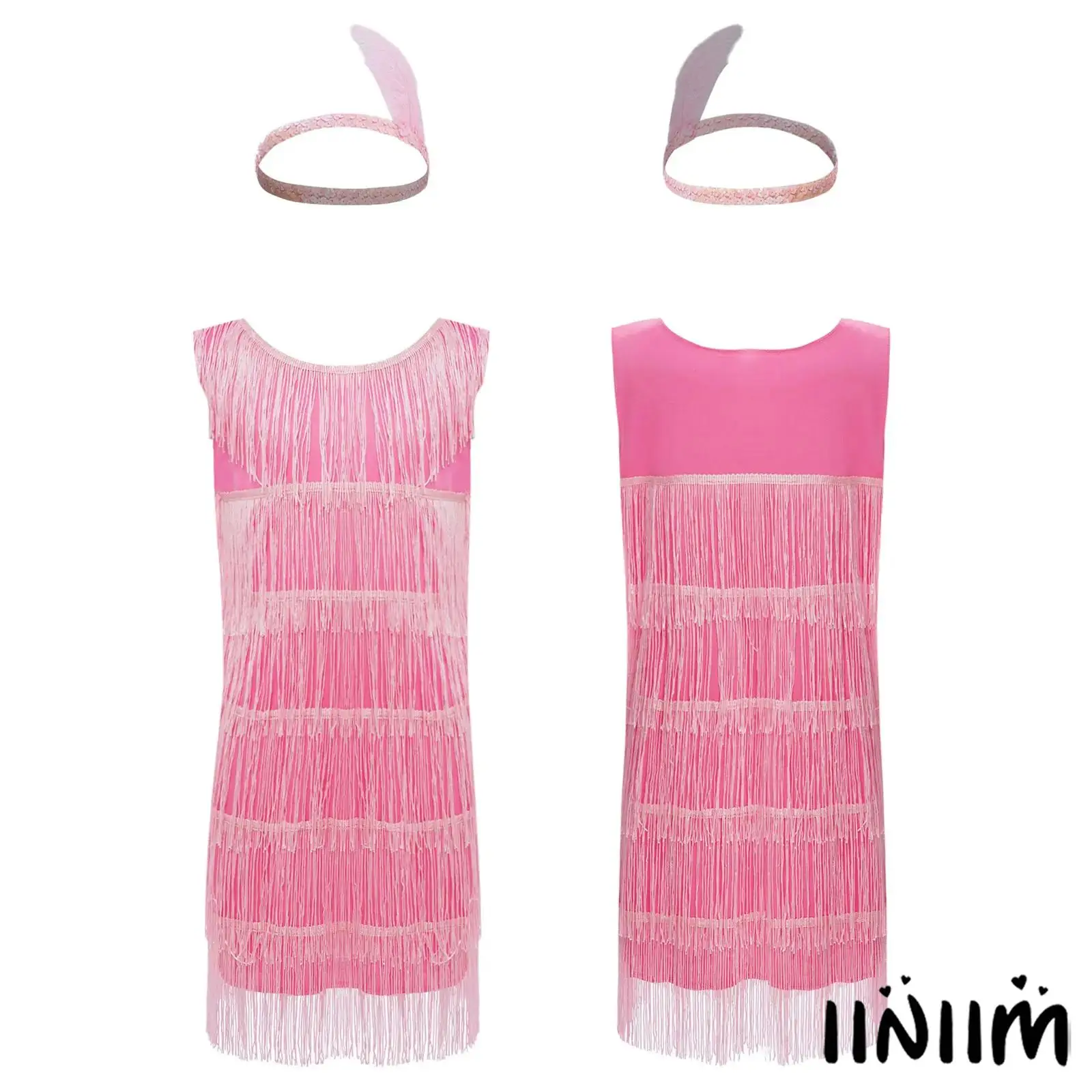 

Kids Girls Latin Dance Sleeveless Dress Set Round Neck Tiered Tassels with Feather Headwear Cha-Cha Rumba Samba Dance Party