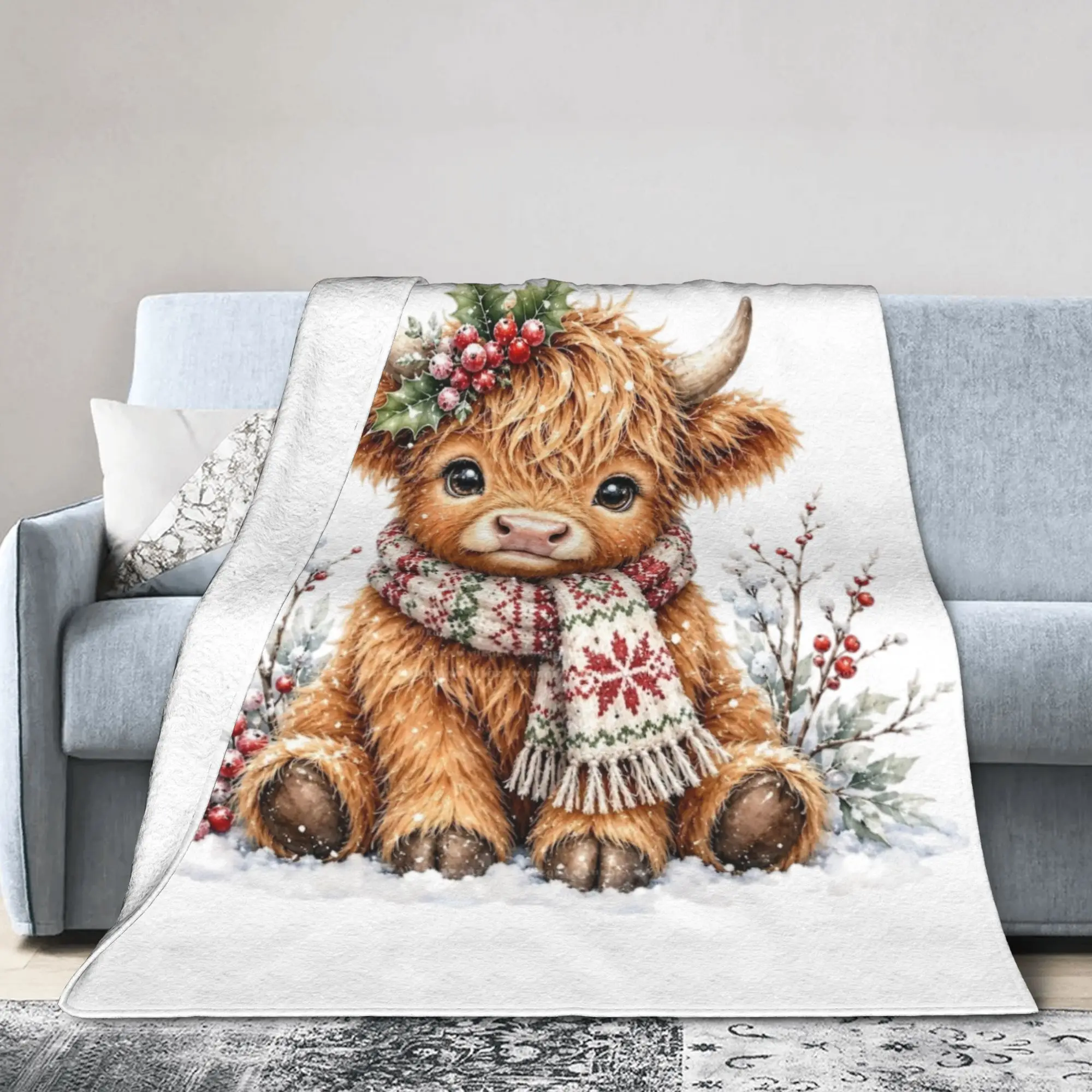 Christmas Highland Cow Fleece Blanket Animal Vintage Throw Blanket for Home 150*125cm Rug Piece