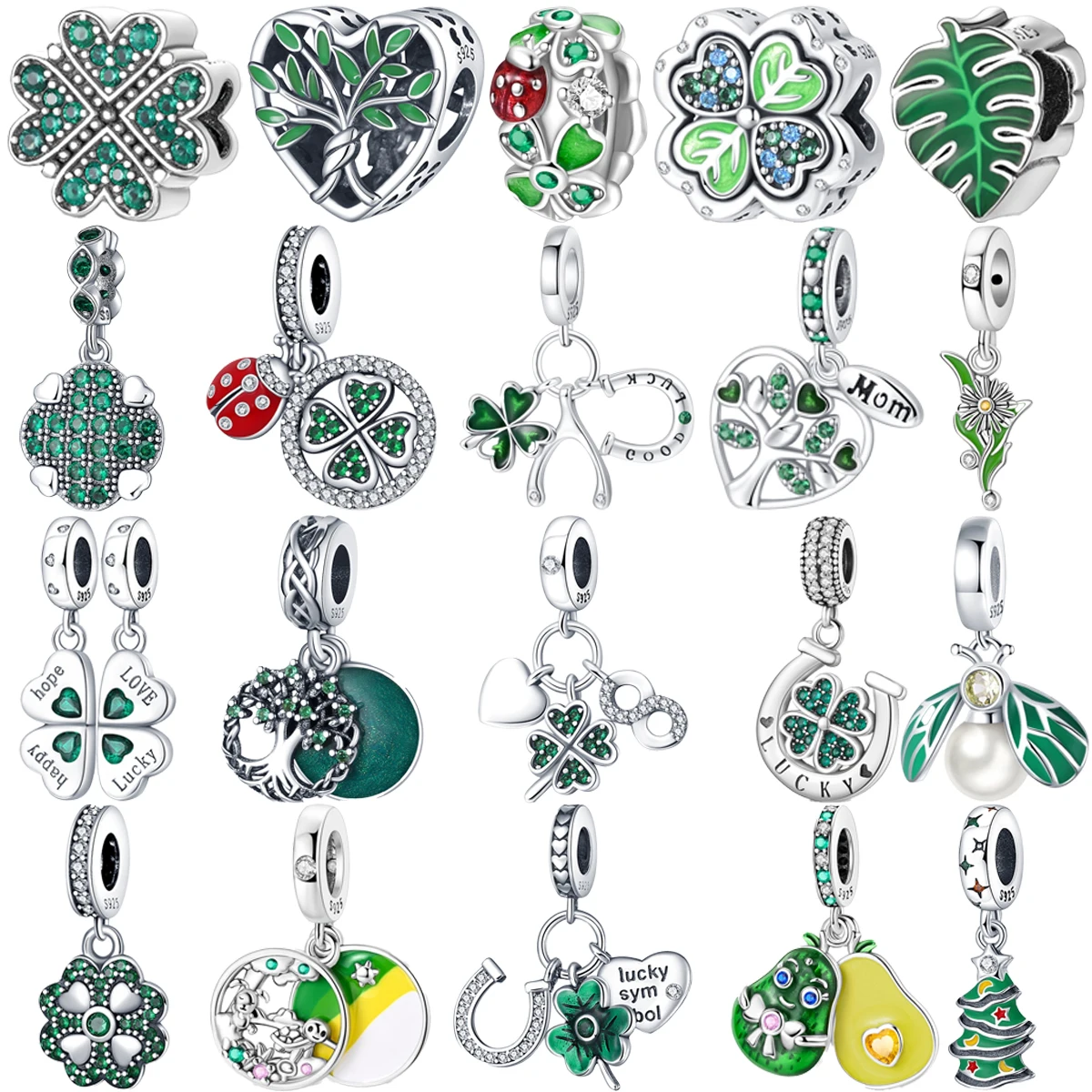 

Original 925 Sterling Silver Green Clover Firefly Ladybug Avocado Charm Beads for Pandora DlY Bracelet Women's Jewelry Gifts