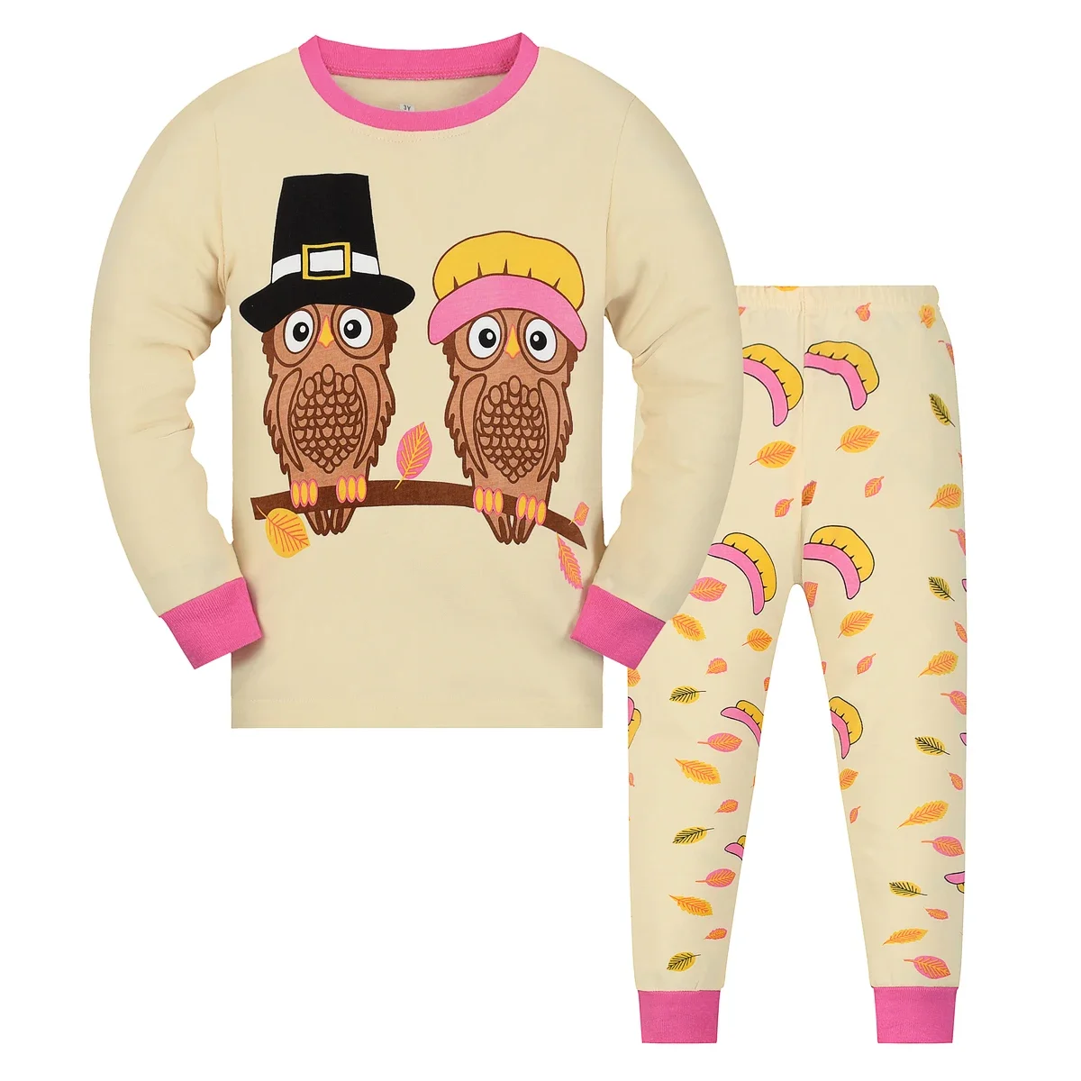 【Through 1615 Flame】Girls Owl Long Sleeve Top and Pants Family Set, Sweet and Cute Style Suitable for Girls 2-9 Years Old