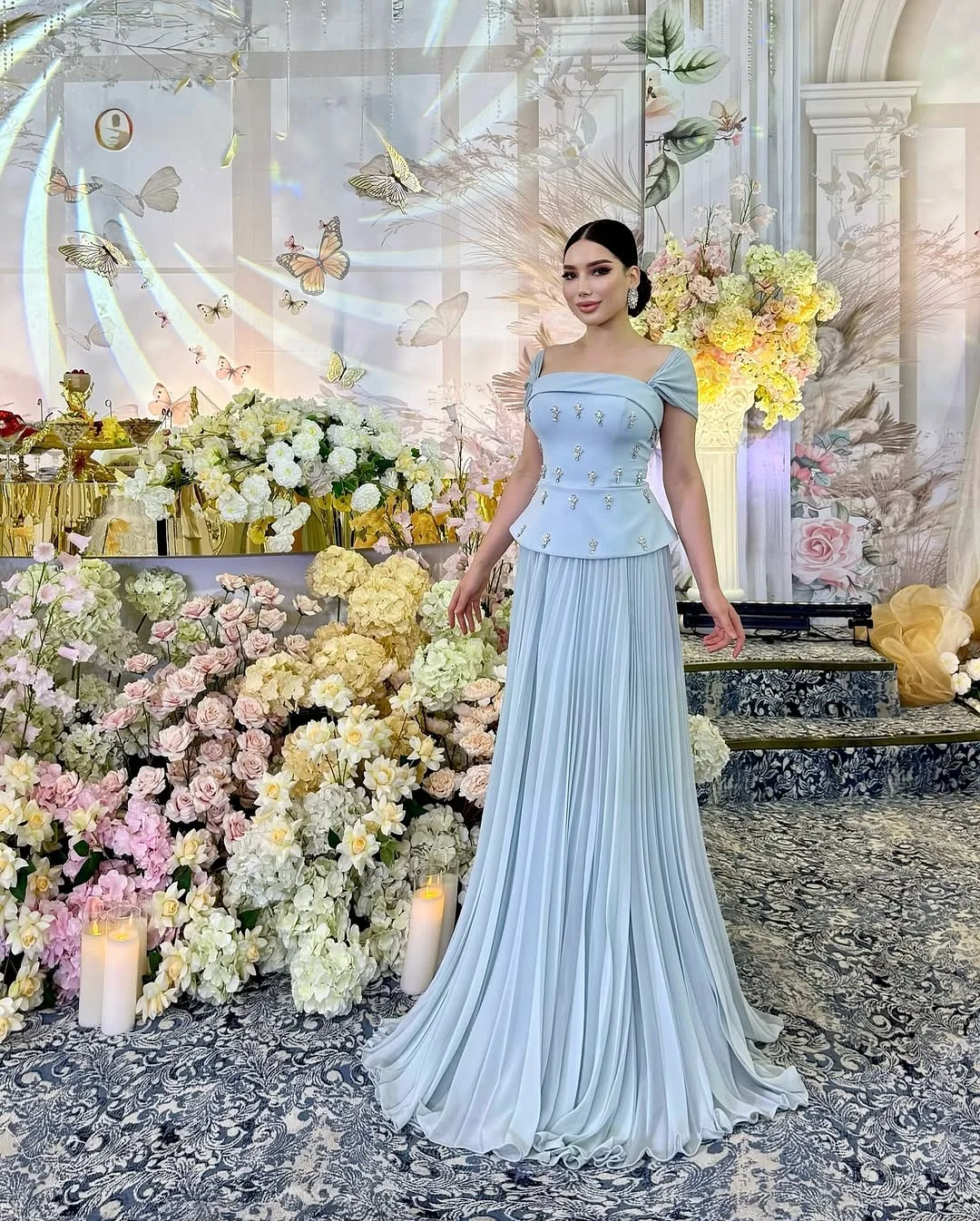 

Enchant Customized Elegant Blue Saudi Prom Gown Women's Beaded Ruffle Party Evening Dress Floor Length Formal Occasion Dresses