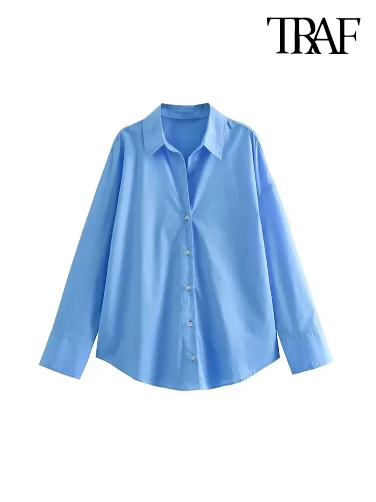 TRAF-Oversized Poplin Shirts for Women, Long Sleeve, Button-up, Loose Female Blouses, Chic Tops, Fashion