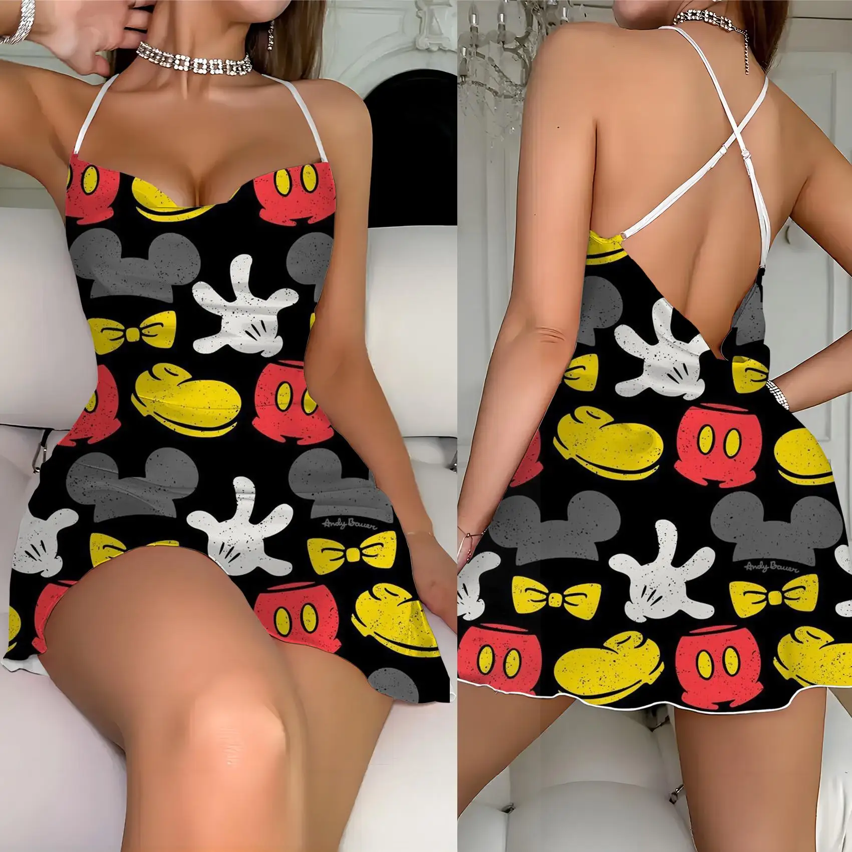 Robe à bretelles croisées Disney pour femme, Minnie Mouse, col rond, garniture en laitue, robes élégantes, mode, été, dos nu, 2024