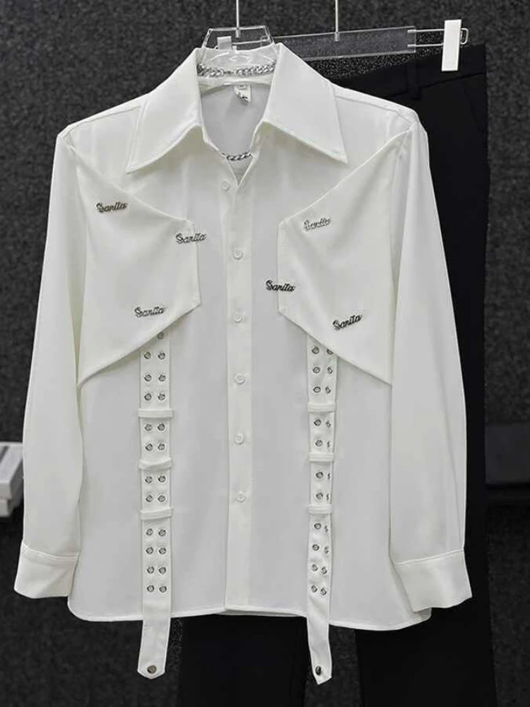 Hip Hop Edgy Satin Shirt Men Notched Collar Rhinestone Ribbon Ties Long Sleeve Oversized Spring Fall Casual Coat Top