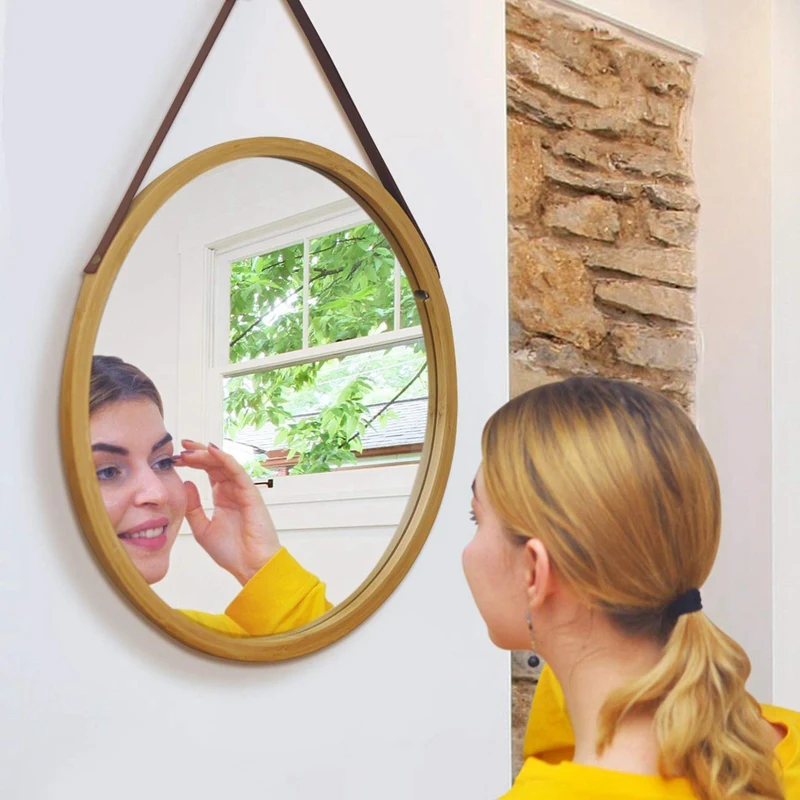 Hanging Round Wall Mirror In Bathroom & Bedroom - Solid Bamboo Frame & Adjustable Leather Strap