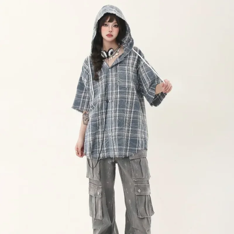 DAYIFUN Girls Blue Plaid Hooded Shirt American Summer Short Sleeved Casual Loose Versatile Clothes Lady Vintage Fashion Tops