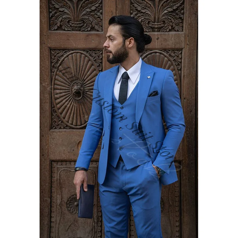 

Fashion Blue Suits For Men Slim Fit Formal Groom Wedding Peaked Lapel Tuxedo 3 Piece Jacket Vest Pants Set Male Business Blazer