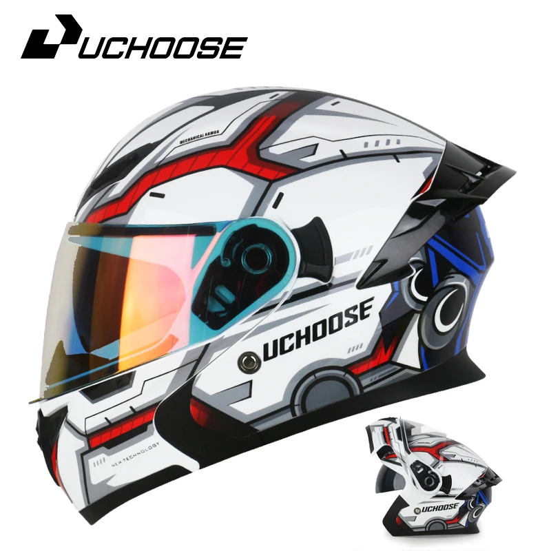 

Мотоциклетный шлем Uchoose с двойным визором, модульный шлем с откидным козырьком, для активного отдыха, унисекс, линзы «аурора», лучший подарок