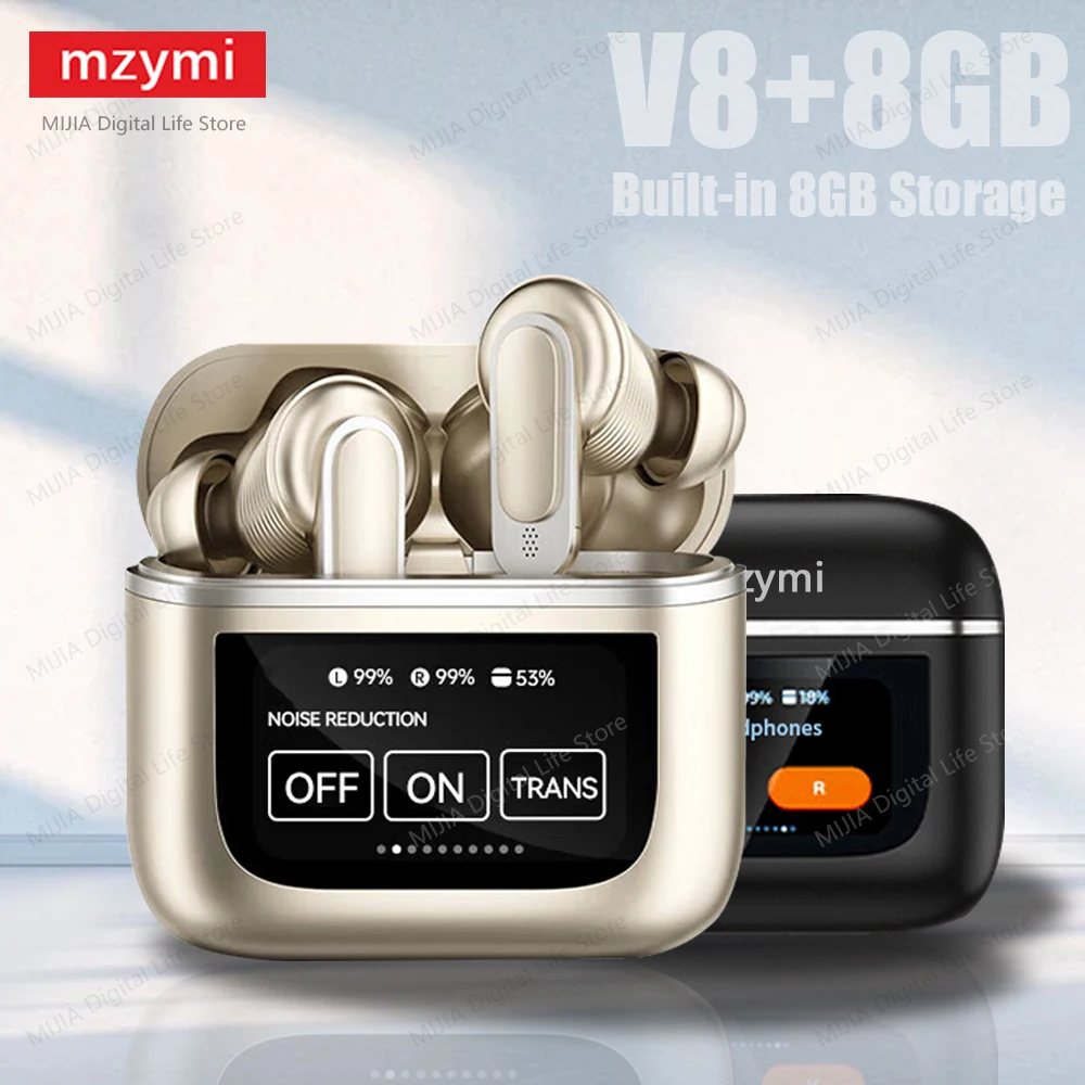 mzymi V8 Wireless Earphone ANC+ENC Touch Screen Bluetooth Headphone Active noise Cancelling In Ear Headset Built-in 8G Storage