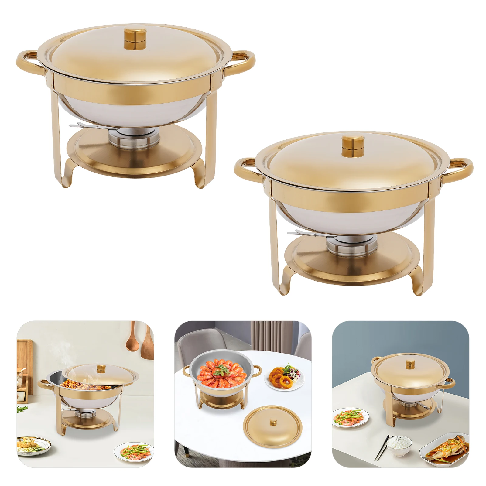 Juego de 2 Recipientes Redondos para Calentar Comida, de Acero Inoxidable, con Quemador de Alcohol y Enfriador de Hielo, para Catering, Picnic, Fiestas