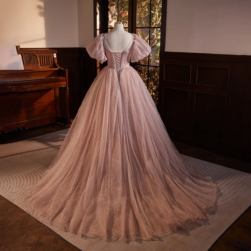 Robe de soirée rose à col rond pour femme, robe de Rhà manches courtes, robe de soirée formelle, robe plissée à lacets, longueur au sol, appliques à paillettes, B2814