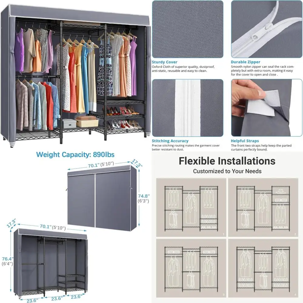 Armario portátil de Metal resistente para ropa con cubierta gris, estante de almacenamiento para armarios de dormitorio, organización eficiente de ropa