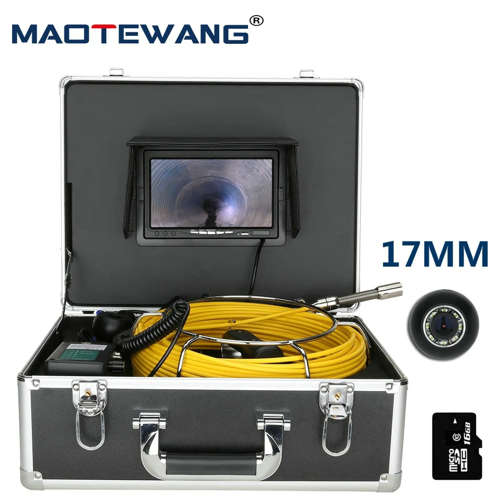 

Pipe Sewer Inspection Video Camera, 17mm 8GB SD Card DVR IP68 Drain Sewer Pipeline Industrial Endoscope 7" Monitor