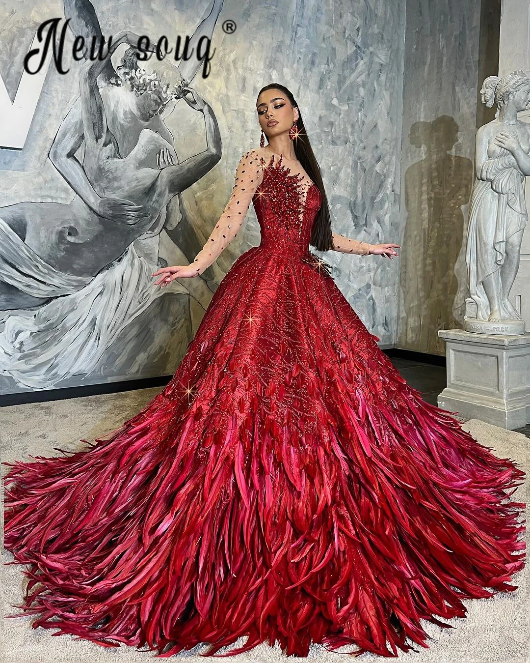 Robe de Bal en Plumes Rouges pour Femme, Tenue de Soirée de Mariage, Formelle, avec Perles, Magnifique, 2024