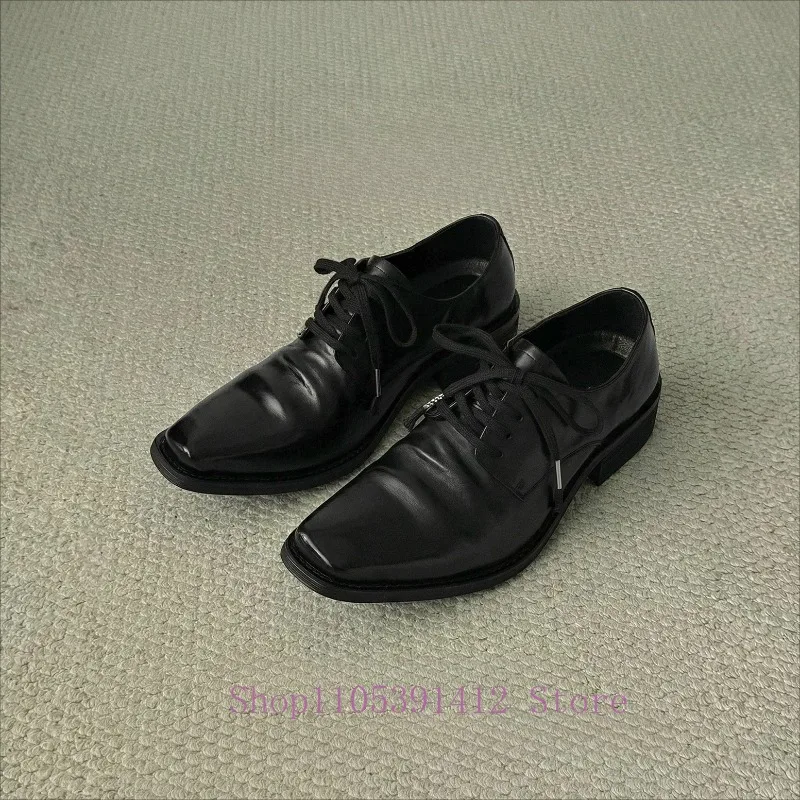 British Style Men Black Wrinkle Leather Derby Shoes Lace‑Up Square Toe  Retro Business Casual Dress Shoes