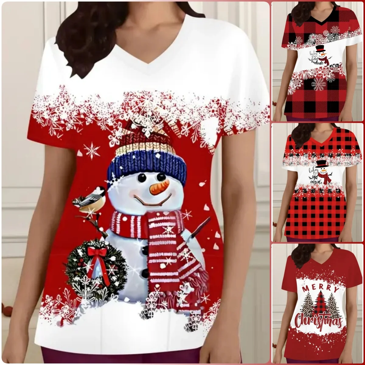 

Festive Christmas Ugly Santa Claus Print V-Neck Top with Pockets Comfortable Women's Nurse Uniform,Short Sleeve Women Clothing
