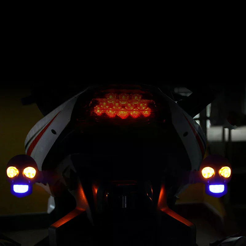 2Pcs Dual Color Moto LED Skull Shape Waterproof Fog Light Turn Signal Auxiliary Headlights ATV Scooter For Racer Spotlight