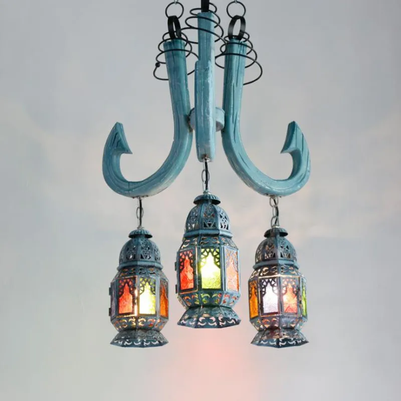 Mediterranean Pendant Lamp  antique ocean solid wood chandelier Bohemia Turkish dining room lamp colored glass chandelier