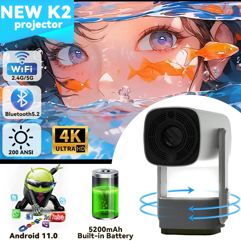 K2 VS hy300 Projector with Standby Power Supply Android 11.0 WIFI6 BT5.2 Portable Projector 200ANSI Supports 4K Video Projector