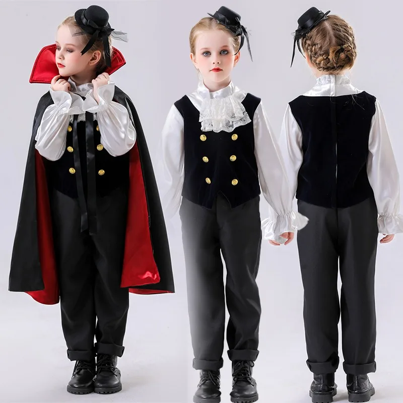 أزياء الحفلات التنكرية للأطفال - أزياء الهالوين على الوجهين لمصاصي الدماء الأمير - أحمر-أسود لطيف مخيف للأطفال لمرحلة الأداء