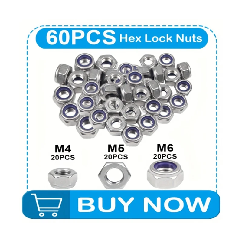 60/150 قطعة M4/M5/M6 صواميل ذاتية القفل مضادة للانزلاق من الفولاذ المقاوم للصدأ، أغطية لولبية سداسية، للبناء والصيانة والتركيب #4