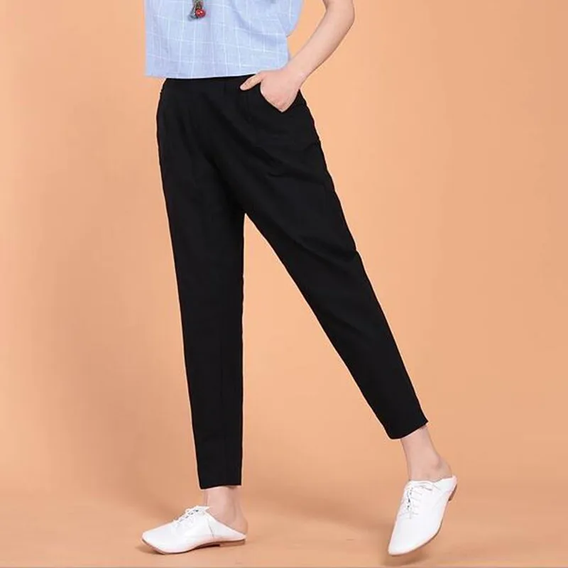 2024 Summer Women Loose Cotton Linen Trouser Casual Elastic Waist harem pants Vintage Female Pants bottoms