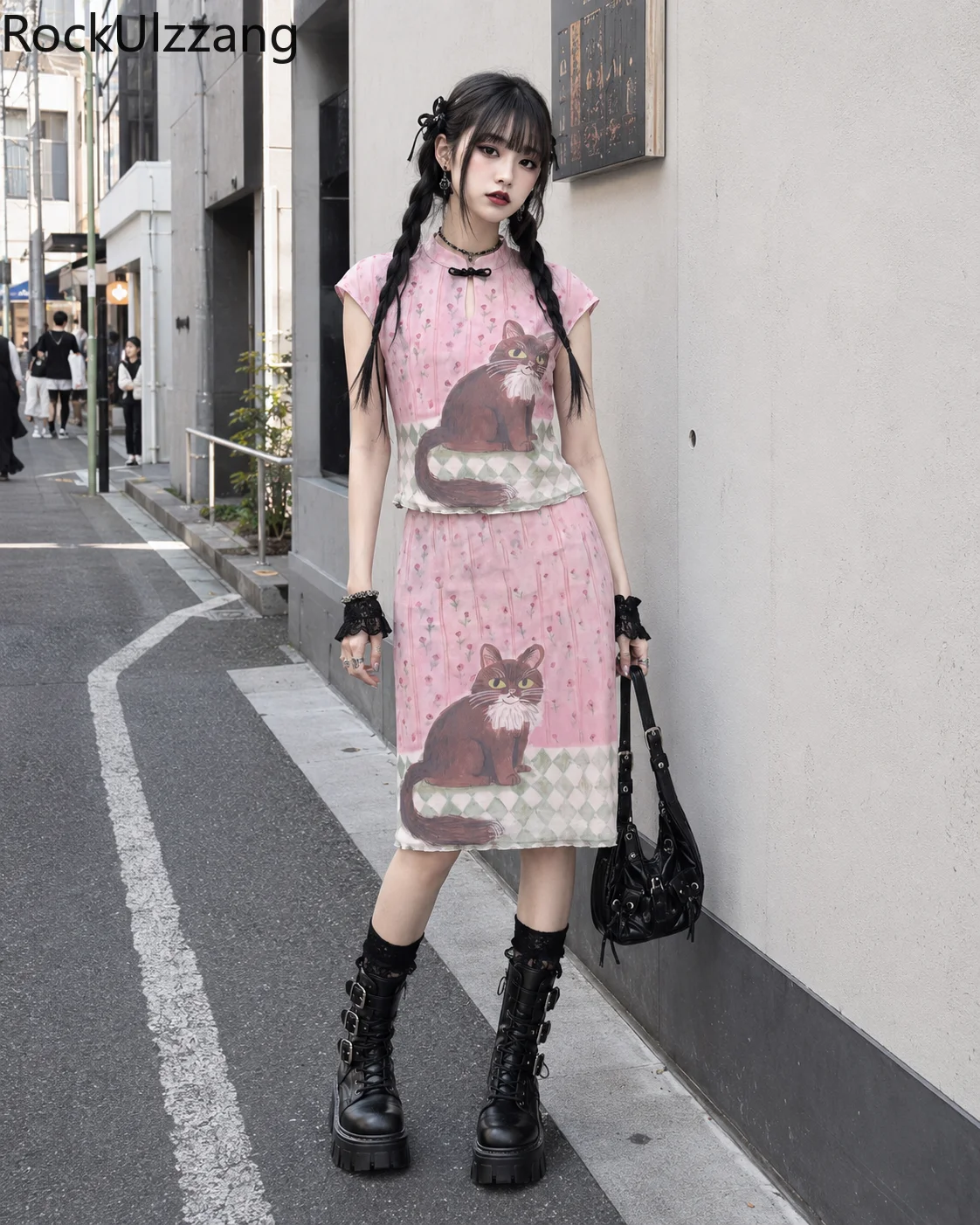 Women Y2K Cat Print Two Piece Set Pink Chinese Style Frog Button Top Midi Skirt Kawaii Harajuku Vintage Gothic Summer Outfit