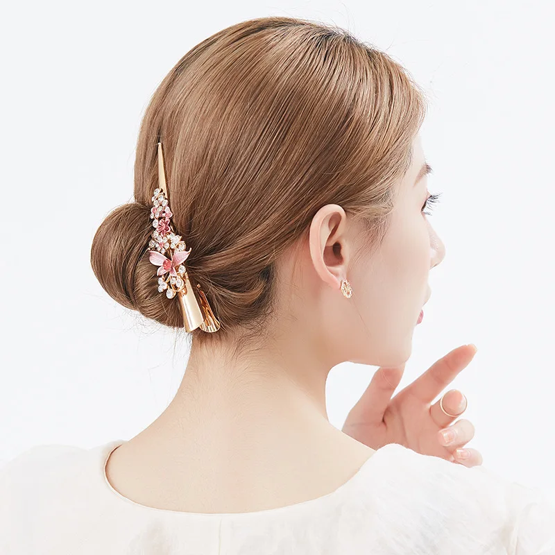 Women Gem Butterfly Steel Hair Clips Pins Hairpins Chinese Vintage Crown Wedding Classical Crystal Spring Clip Hair Accessories