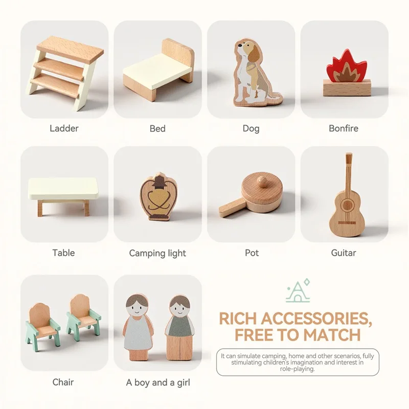 Zestaw zabawek edukacyjnych dla dzieci - kamper, drewniany domek do zabawy, stół i krzesła, ozdoba - zabawka kamper