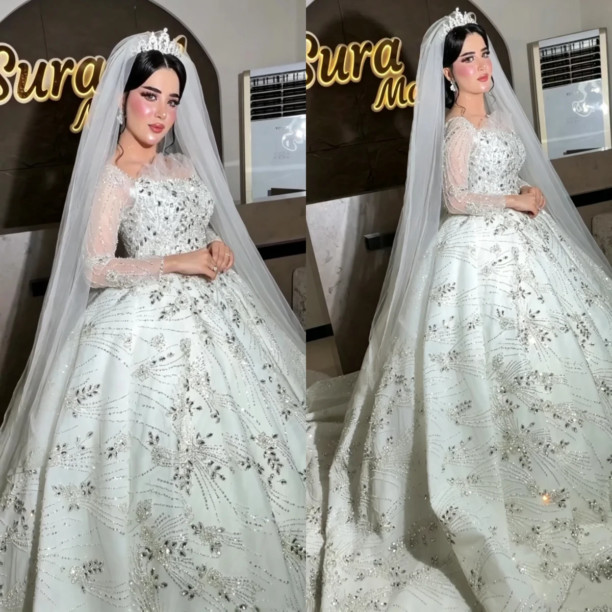 

Gorgeous Sweetheart Collar Ball Dress Lace Long Sleeve Feather Bordered Bride Dress A-line Long Tail Wedding Dress Customized