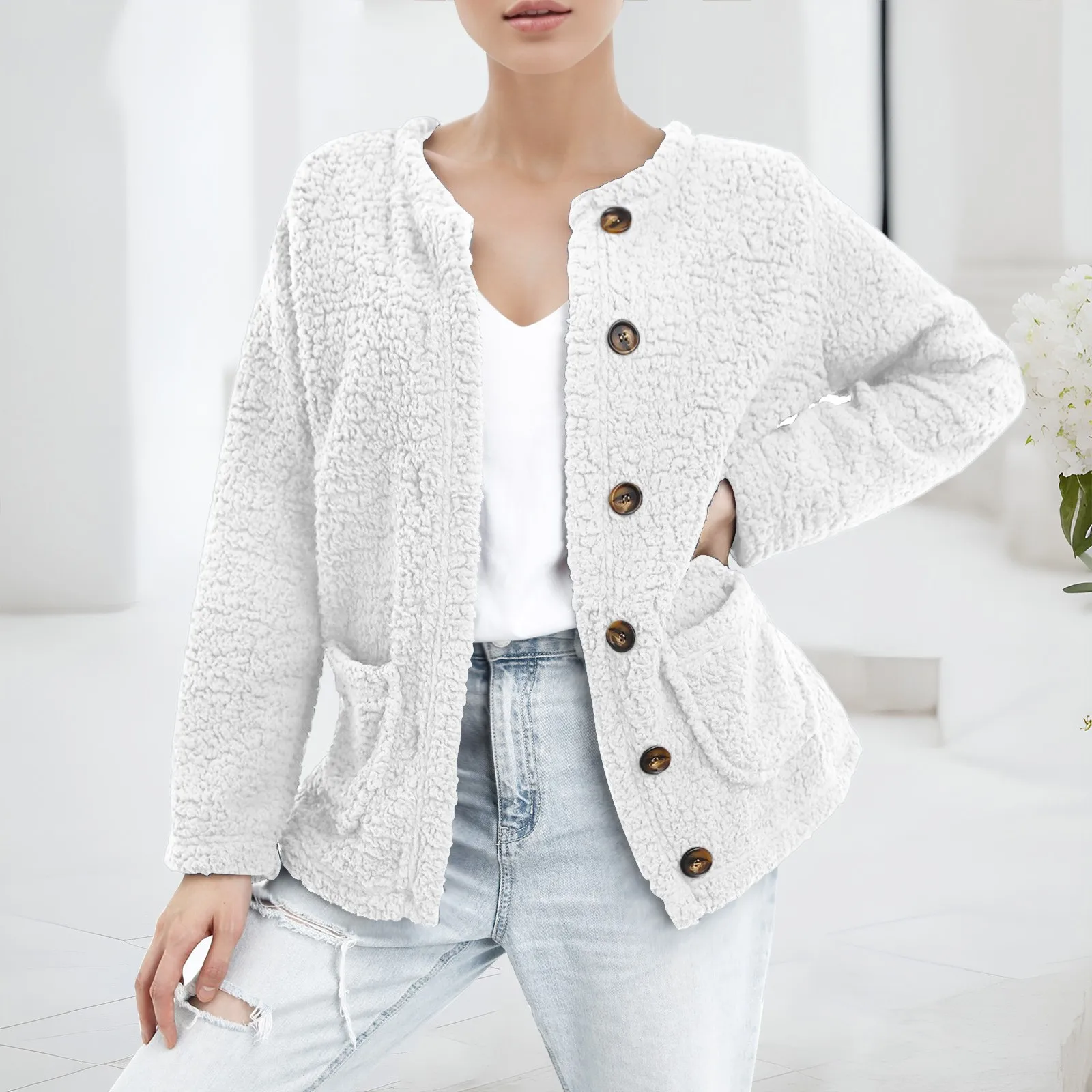 

2023 New Winter Women Cardigans Fleece Sweater Jacket Buttons Pockets Warm Tops Woman'S Sweaters Long Sleeve Solid Cardigans