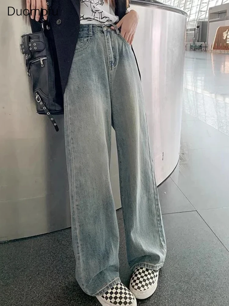 

Duomofu Blue Chicly High Waist Slim Basic Zipper Button Women Jeans Autumn New Fashion Simple Loose Casual Female Wide Leg Pants