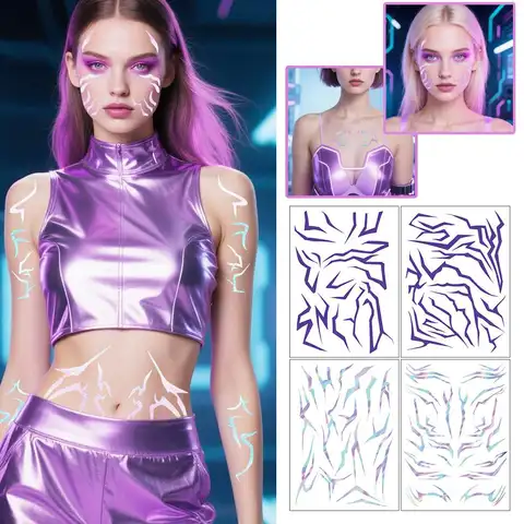Purple Makeup Tattoo Sticker Demon Boy Group Full Body Laser Lightning Sticker Waterproof Facial Art Sticker