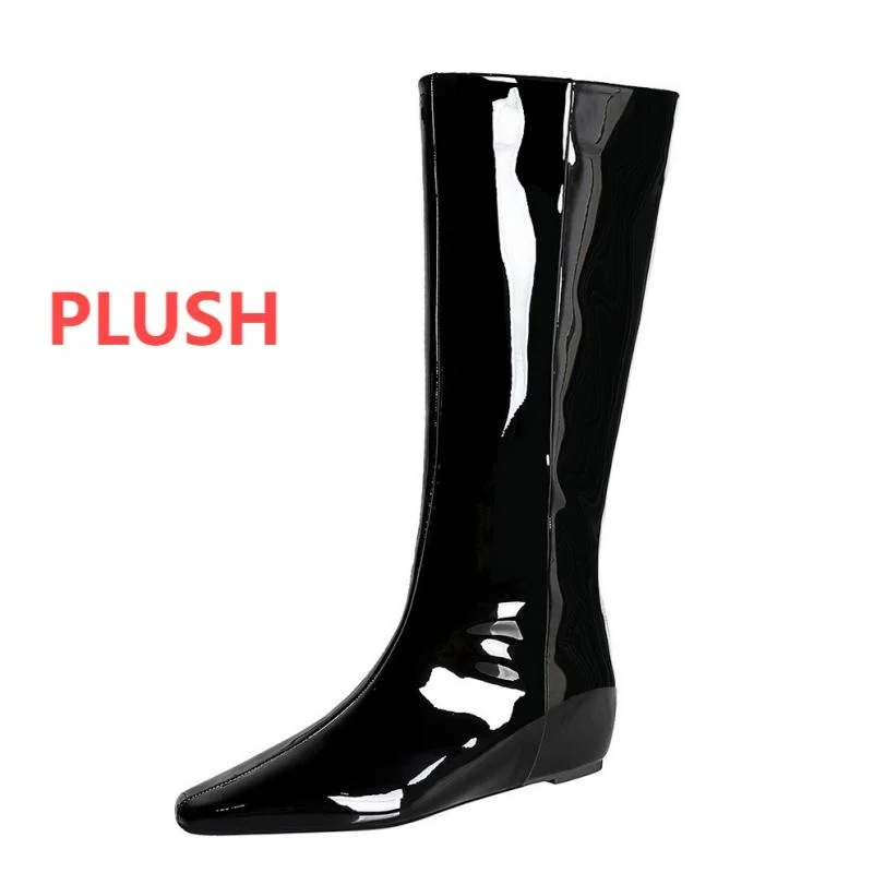 Women Black Patent Leather Knee High Boots Fashion Square Head Internal Elevation Woman’s Boots Retro Outdoor High Barrel Boots