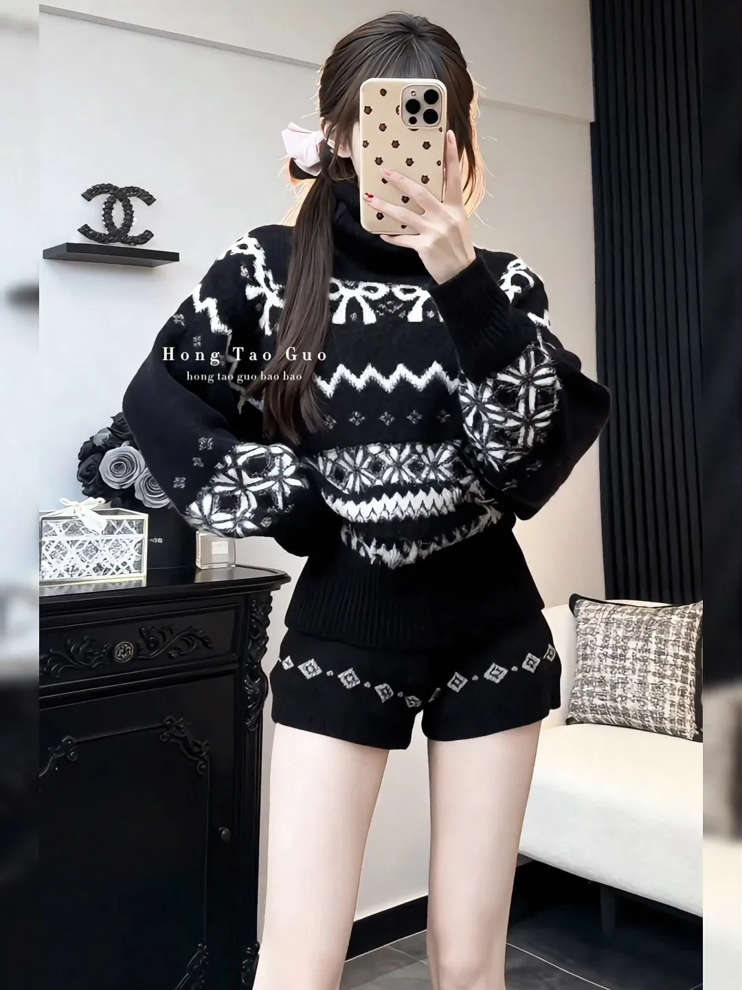 Black Fair Island Jacquard Knitted Sweater Shorts Two-piece Set Women's 2026 Set