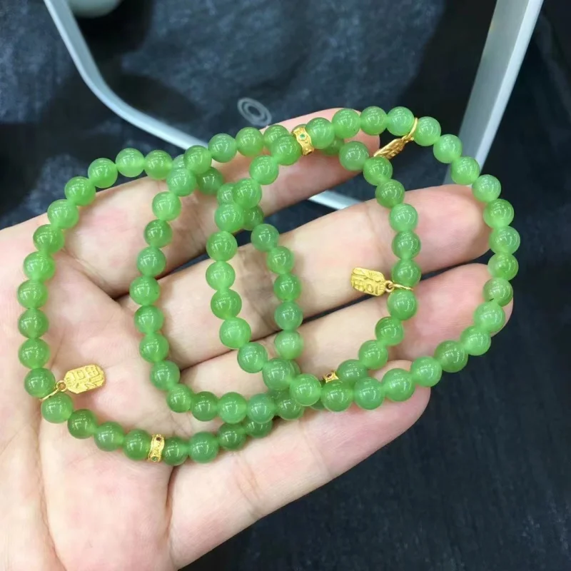 6mm Hetian Jade Bracelet Yang Green Old Materials Delicate Match 925 Silver