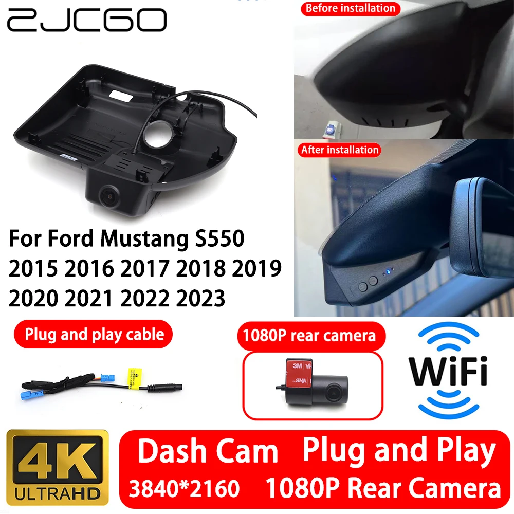 for Ford Mustang S550 2015 2016~2023 4K 2160P Front Rear Camera Dash Cam Wifi Plug and Play Video Recorde Loop Recording