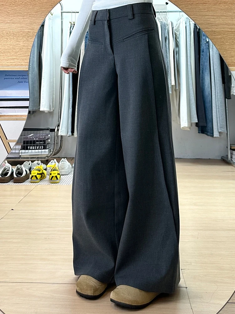 ハイウエスト ドレープ ワイドレッグパンツ レディース カジュアルパンツ 春 2025 通勤 スリット入り ストレートカット ルーズフィット