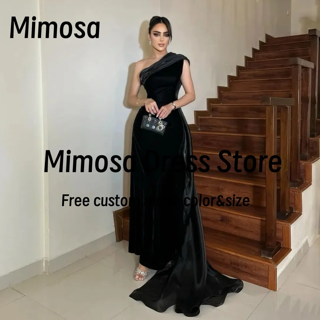 Mimosa Vestidos De Gala Black Velour Prom Dresses One Shoulder Long Organza Flutters Train Women's Evening Dress Customized