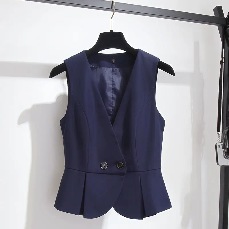 #0733 Black Blue Short Blazer Vest Women V-neck Slim Office Elegant Split Joint Sleeveless Vest Waistcoat Ladies Double Breasted