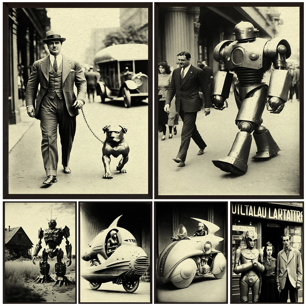 

Robots Walking On The Streets,Fantasy Vintage Photography Wall Art, Surreal Old Photo Art, Poster And Print, Home Decor Unframed