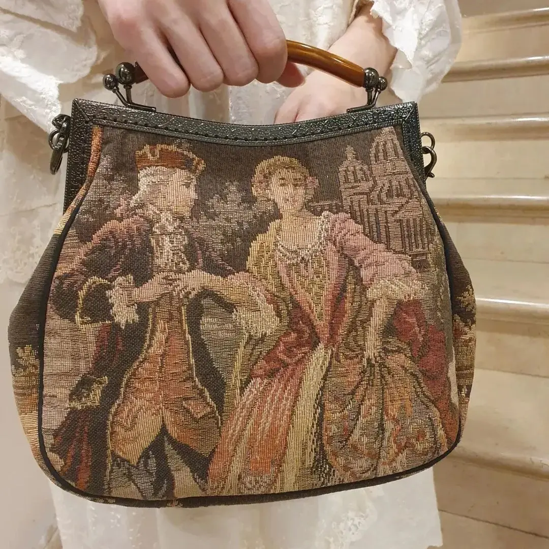 

Lost in Vinatge Tapestry Scene Bag 1950’s Jacquard Needlepoint Embroidered Flowe Hawksbill Resin Handle Handbag Plus Clutch