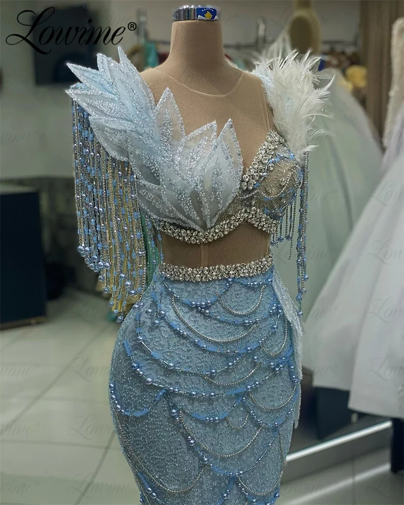 Luxury Sky Blue Party Dress Beaded Crystal Tassel Wedding Evening Dress 2023 Mermaid Long Celebrity Prom Dress Vestido De Fiesta