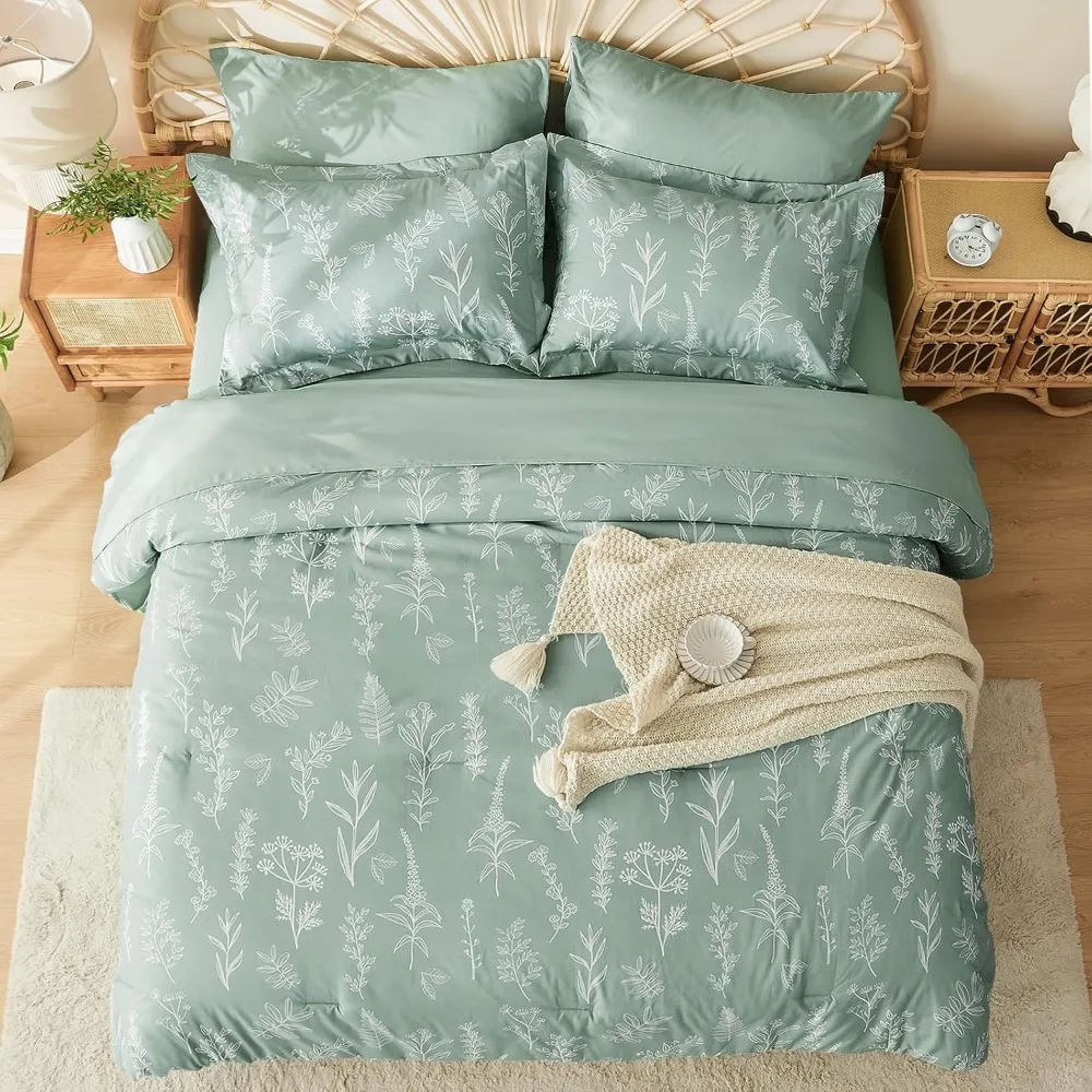طقم لحاف بطباعة نباتية باللون الأخضر المريمية مع 7 قطع، مجموعة مفروشات زهرية فائقة النعومة وقابلة للعكس #6
